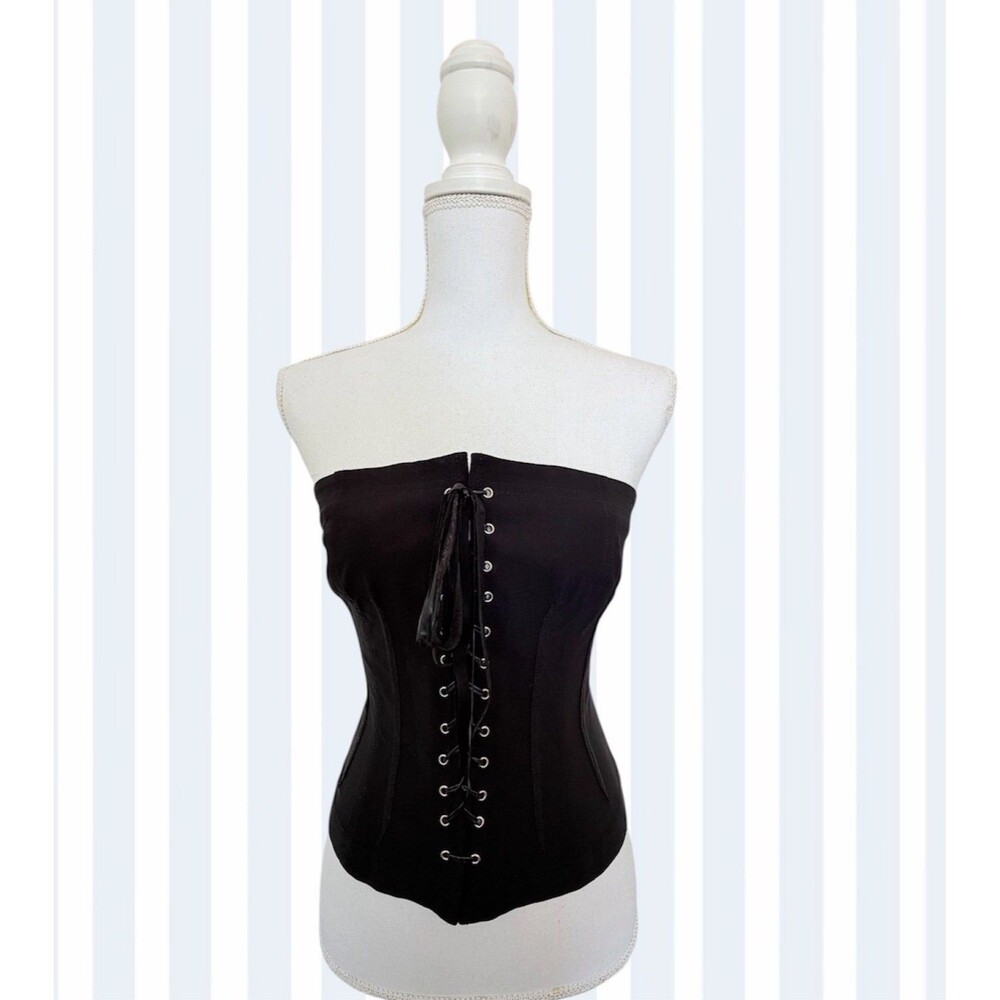 Vintage Y2K Bebe Black Lace-Up Corset Top - Back Zip - Medium